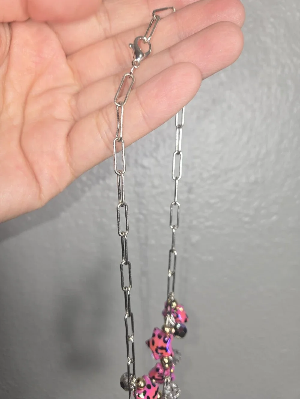 Pink Leopard Charm Necklace with Gray Cat Pendant